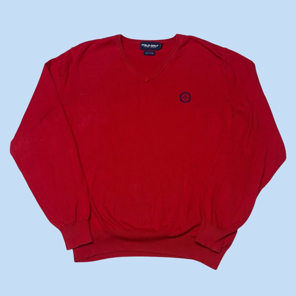 Polo Golf Ralph Lauren Mens Red V-Neck 100% Cotton Knit Sweater Large